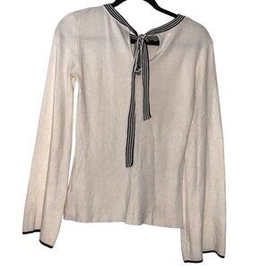 Olivia Warren XS White Long Sleeve Knit Top W/ Black Ribbon Tie Neck Detail